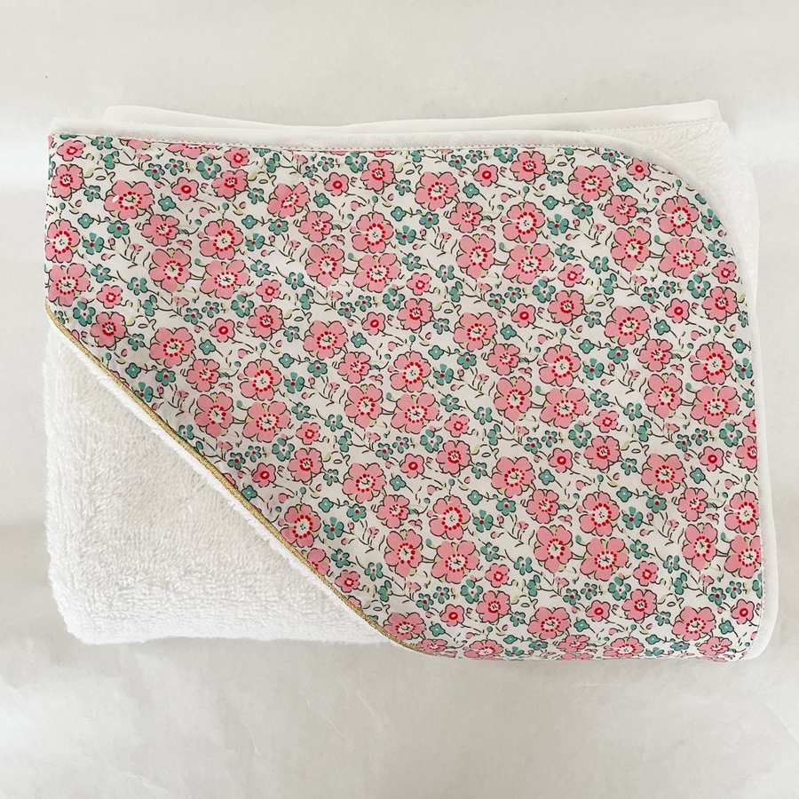 Cape de bain coton fleuri rose