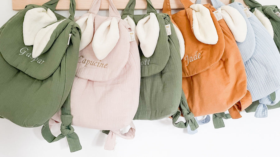 Sac à dos lapin personnalisable gaze bleu stone