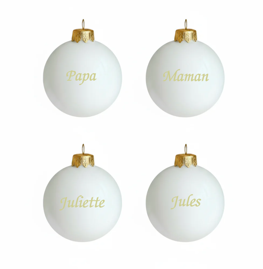 🎄 Lot de 4 boules de Noël blanc ivoire personnalisées en verre