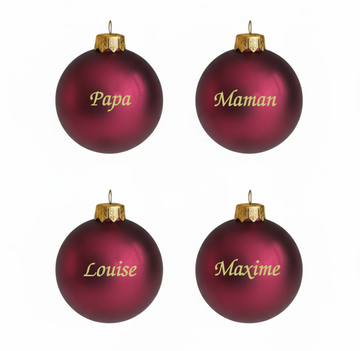 🎄 Lot de 4 boules de Noël rouge grenat personnalisées en verre
