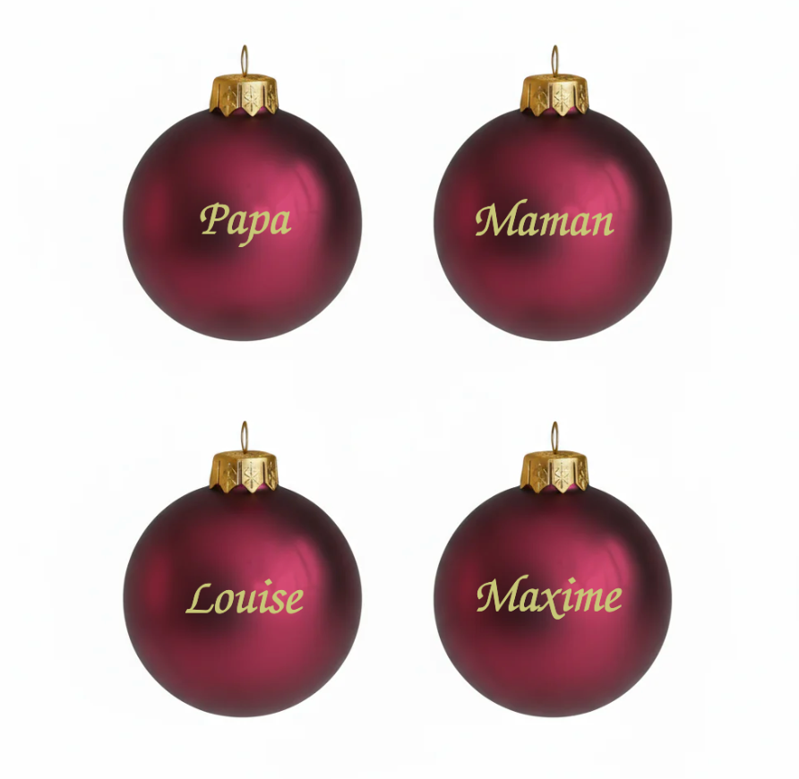 🎄 Lot de 4 boules de Noël rouge grenat personnalisées en verre