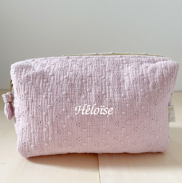 TROUSSE DE TOILETTE broderie anglaise rose personnalisable