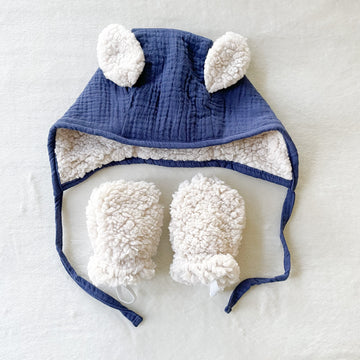 Ensemble bonnet oreilles lapin marine et moufles