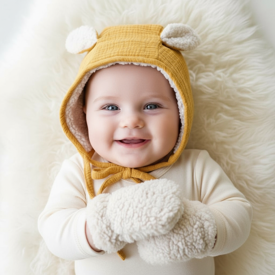 Ensemble bonnet oreilles lapin miel et moufles