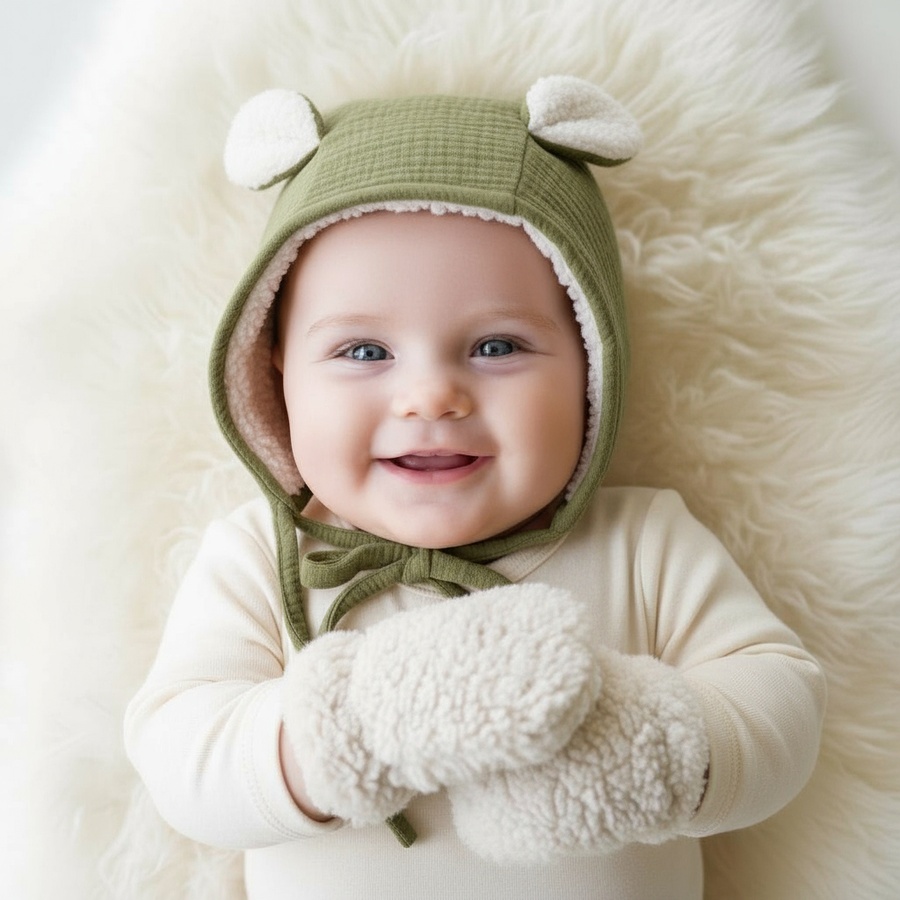 Ensemble bonnet oreilles lapin kaki et moufles