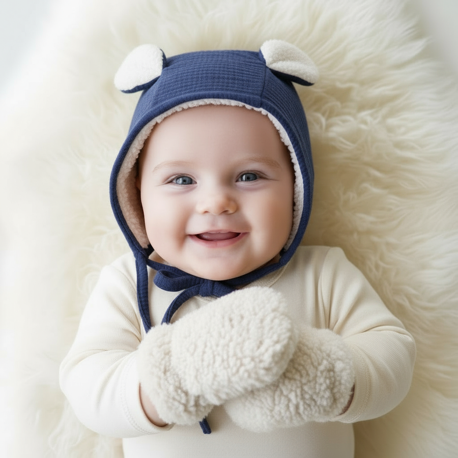 Ensemble bonnet oreilles lapin marine et moufles