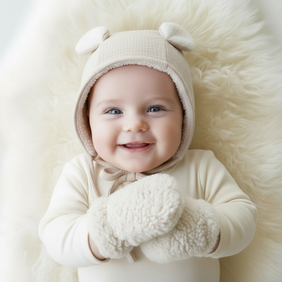 Ensemble bonnet oreilles lapin écru et moufles