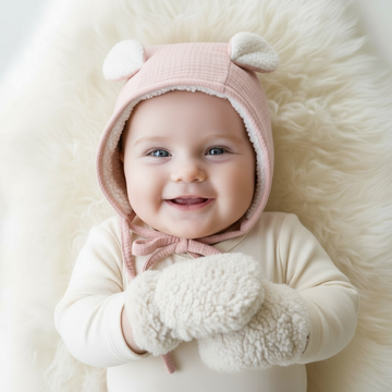 Ensemble bonnet oreilles lapin rose poudré et moufles